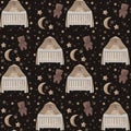 Seamless pattern with baby crib, teddy bear, moon and stars Royalty Free Stock Photo