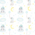 Seamless pattern with baby elephant, half moon, stars and clouds. Watercolor hand drawn illustration digital paper Royalty Free Stock Photo
