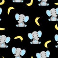 Seamless pattern baby elephants and yellow bananas