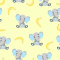Seamless pattern baby elephants and yellow bananas