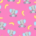 Seamless pattern baby elephants and yellow bananas