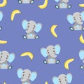 Seamless pattern baby elephants and yellow bananas