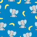 Seamless pattern baby elephants and yellow bananas