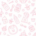 Seamless pattern baby food, pastel color, vector illustration. Infant feeding thin line icons. Cute repeated pink texture, baby it