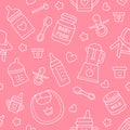 Seamless pattern baby food, pastel color, vector illustration. Infant feeding thin line icons. Cute repeated pink texture, baby it