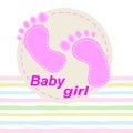 Seamless pattern with baby footprint. Footprints girls on striped background. Vector illustration Royalty Free Stock Photo