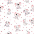 Seamless pattern with baby girl elephant and pink hearts. Watercolor hand painted illustration digital paper. Royalty Free Stock Photo