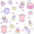 Seamless pattern with baby girl items. Newborn clothes and accessories