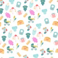 Seamless pattern of baby goods icons. Children flat icons. Royalty Free Stock Photo