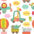 Seamless pattern with baby jungle animals in transport Royalty Free Stock Photo