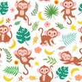 Seamless pattern with baby monkey, banana and tropical leaves. Cartoon childish jungle animal print for fabric. Cute monkeys