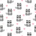 Seamless pattern with baby raccoon and hearts.