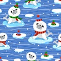 Seamless pattern with baby seals floating on an ice floe. Vector