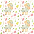 Seamless pattern with baby sheep. Easter template with cute lamb, Easter eggs and pussy-willow in pink-green palette
