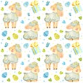 Seamless pattern with baby sheep. Easter template with cute lamb, Easter eggs and butterflies in blue-green palette.