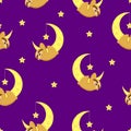 Seamless pattern. Baby sloth hanging on a yellow crescent. Moon and stars. Violet background. Cute and funny. Cartoon style. Good