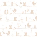 Seamless Pattern Baby Teddy And Icons Silhouette Beige