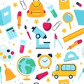 Seamless pattern back to school. Colorful flat office objects, students tools background, kids crayons, ruler, globe and