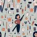 Seamless pattern back to school with cute girls schoolgirl with pencil and school supplies, educational and stationery