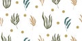 Seamless pattern background with abstract hand drawn plant silhouette, dots on white. Tropical foliage palm tree branch minimalist Royalty Free Stock Photo