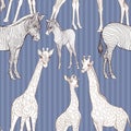 Seamless pattern, background with adult zebra and giraffe and zebra and giraffe cubs. Vector illustration. Royalty Free Stock Photo
