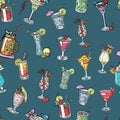 Seamless pattern background with alcohol cocktail drinks of martini, margarita, tequila or vodka. Alcohol coctail with Royalty Free Stock Photo