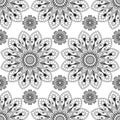 Seamless pattern background with black and white mehndi henna lace buta decoration items in Indian style. Royalty Free Stock Photo