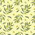 Seamless pattern background of branches of olives on a green background. background design for fashion, interior or textile.