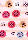 Seamless pattern background. Cherries on plates on stripy table