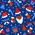 Seamless pattern background with Christmas items on a blue background.