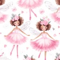 Seamless Pattern Cute Little Girls Ballerinas in Pink Dresses and Flowers with White Background, Ai generative Royalty Free Stock Photo