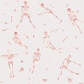 Seamless pattern, background with dancing skeletons in rose gold color. Vector illustration. Royalty Free Stock Photo