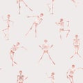Seamless pattern, background with dancing skeletons in rose gold color. Vector illustration. Royalty Free Stock Photo