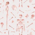 Seamless pattern, background with dancing skeletons in rose gold color. Vector illustration. Royalty Free Stock Photo