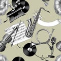 Seamless pattern background with engraved vintage drawing of musical instruments, gramophone, vinyl records and vintage audio