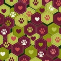 Seamless pattern background with hearts and footprints of home pet in hexagons