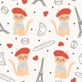 seamless pattern background illustration with cartoon french cat, eiffel tower, red hearts and other parisian elements and symbols