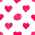 Seamless pattern background with lipsticks prints and doodle hea