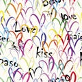 Seamless pattern background, love concept with hearts, words, letter, paint strokes and splashes Royalty Free Stock Photo