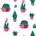 Seamless pattern background with magical pink houseplants