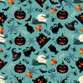 Seamless Pattern Background with many Halloween Symbols Royalty Free Stock Photo