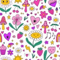 Seamless pattern background with many various different small cute kawaii y2k doodle elements - daisy chamomile flowers
