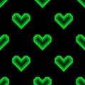 Seamless pattern background with pixel hearts, which glow bright neon light on a dark background. Royalty Free Stock Photo