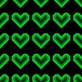 Seamless pattern background with pixel hearts, which glow bright neon light on a dark background. Royalty Free Stock Photo