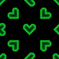 Seamless pattern background with pixel hearts, which glow bright neon light on a dark background. Royalty Free Stock Photo