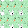 Seamless pattern, background with rabbits and carrots for easter and other holidays. White rabbit with orange carrot.