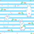 Seamless pattern, background with rabbits, carrots and paws for easter and other holidays. White rabbit with orange carrot. Royalty Free Stock Photo