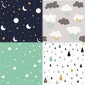 seamless pattern background set with moon, star, rain, snowflakes and cloud