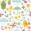 Seamless pattern background with spring easter clip art set in simple flat hand drawn style. Vector collection illustration Royalty Free Stock Photo