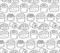 Seamless pattern background with sushi hand drawn doodles. Contour drawing, outline different asian food sushi rolls